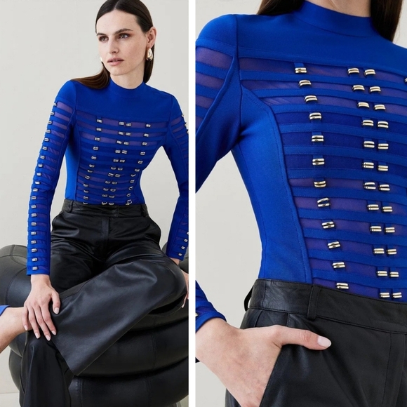 Karen Millen Tops - NEW Karen Millen All Over Trimmed Stretch Bandage And Mesh Bodysuit Blue Size M